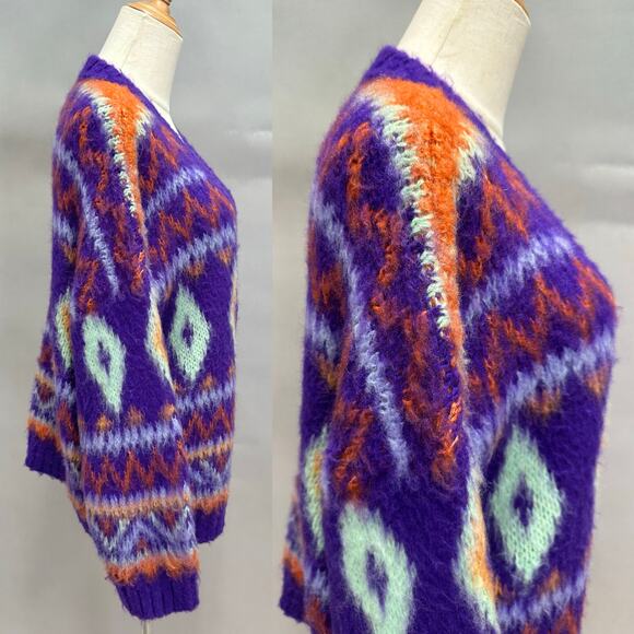 ASOS Reclaimed Vintage Oversize Purple Fair Isle Fuzzy Cardigan Unisex sz small - Picture 4 of 16